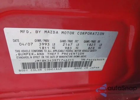 2007 Mazda Mazda3 S Grand Touring z USA, uszkodzony, nr VIN JM1BK343971746315